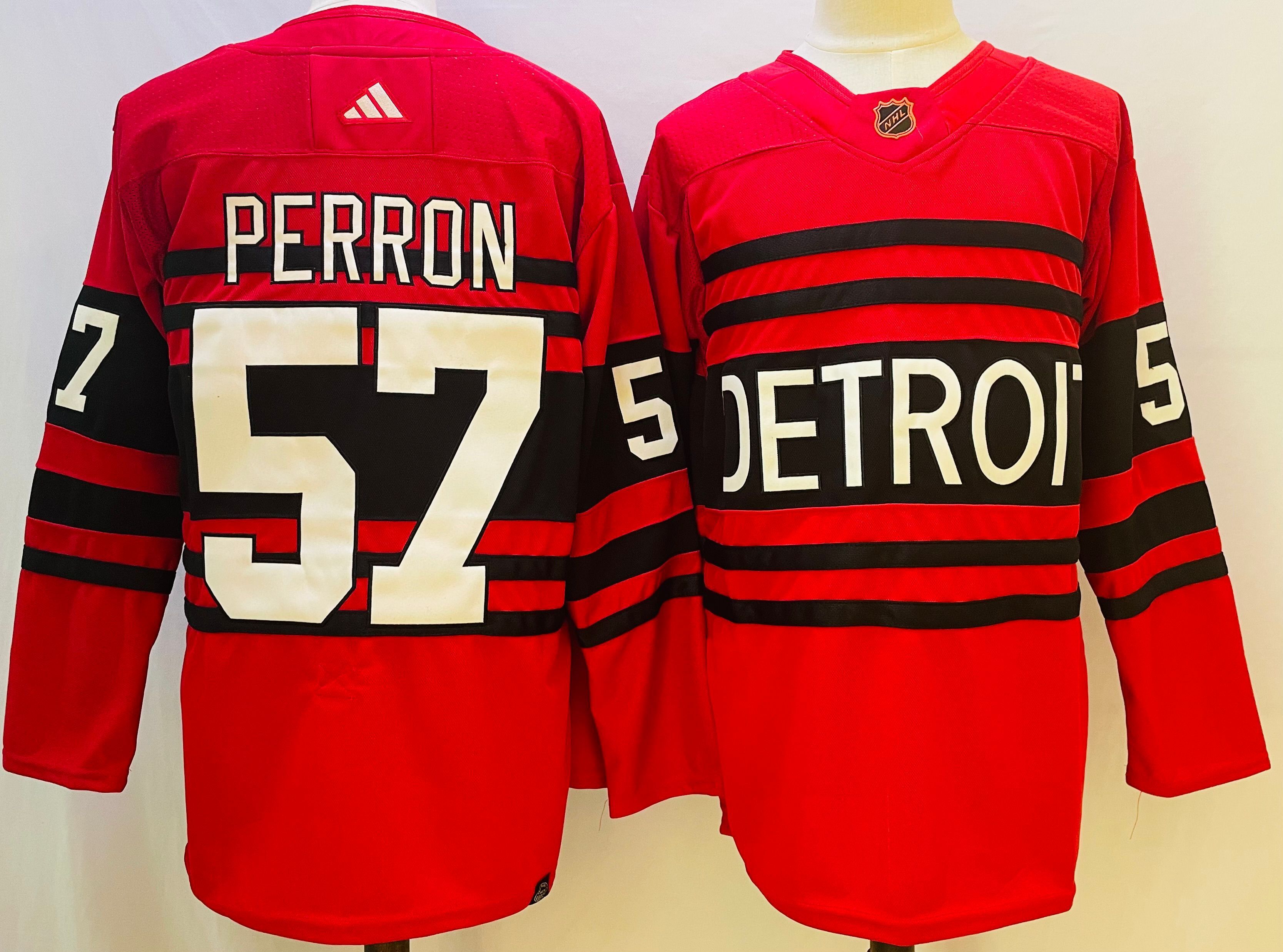 Men Detroit Red Wings 57 Perron Red Throwback 2022 Adidas NHL Jersey